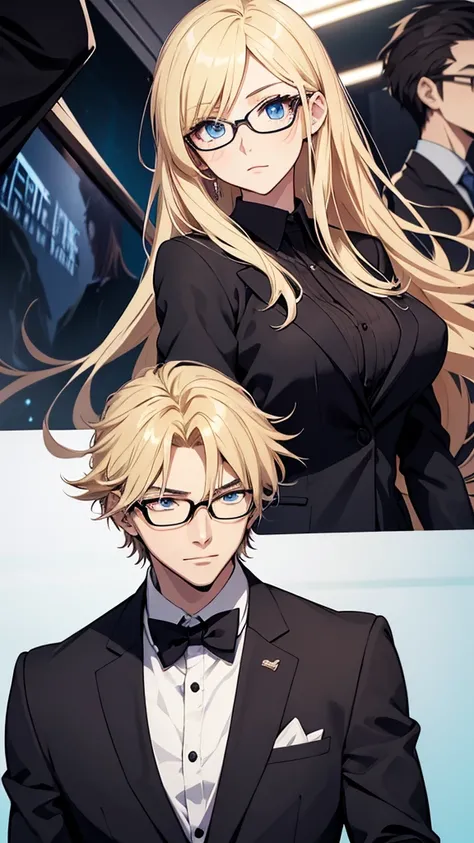 With anime style illustrations、A young man and woman couple appears。The man has blue eyes、Wearing a black suit jacket。The woman is blonde and wears glasses.、She&#39;s wearing soft pink clothes。The two of them pose intimately、The background has vibrant blue...