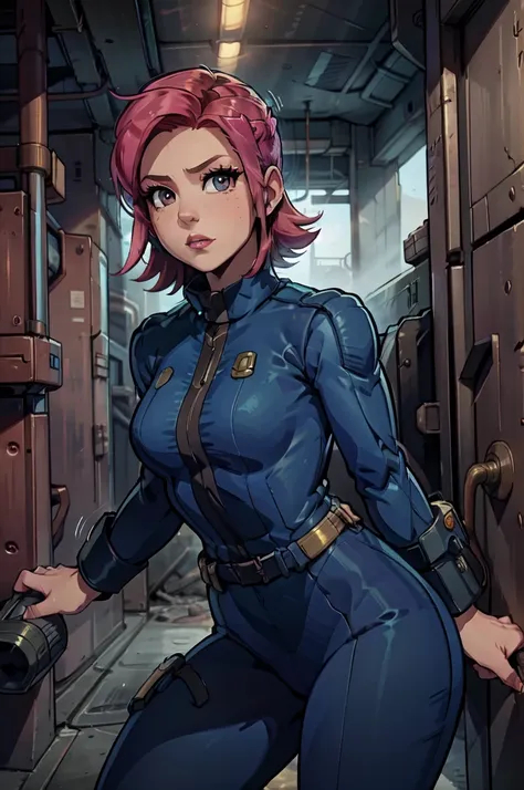 mayl sakurai reimagined as a vault dweller, doing maintenance in an underground vault. her vibrant pink hair stands out against ...