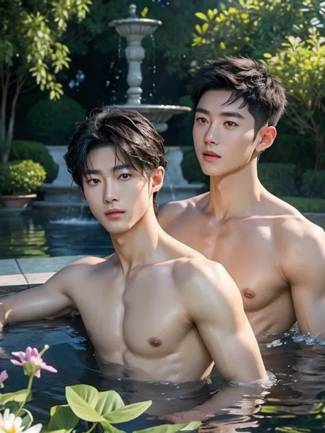 two naked men, A garden with lots of flowers、In the fountain、Wet Skin、Completely naked、blue sky、 shirtless , realistic handsome Korean face , modest muscles , masterpiece、A high resolution、hyperrealism、detailed face、2 men、glowing skin、(Asian)、(young、teenag...