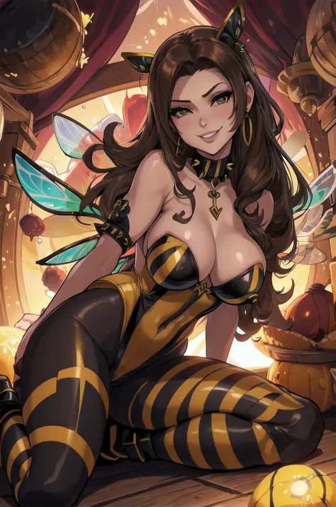 nsfw, cartoon, aerith gainsborough reimagined as a horny girl in honeybee costume frome final fantasy 7, full body, (masterpiece, best quality), beautiful face, (22yr old, beautiful girl, solo:1.1),brown_hair ,long_hair, pixiv, evil smile, sadistic, erotic...