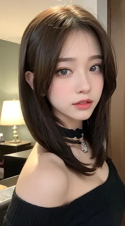 {masterpiece},{highest quality},{One girl}, cute, wonderful, Beautiful fine details, **,Bob Hair, Brown Hair,In detail,Depth of written boundary,Highly detailed CG,original, Highly detailed wallpaper,, View your viewers、,black、Small breastsBlue eyes、Hotel、...