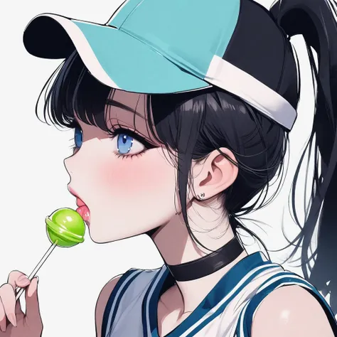 girl, black hair, blue eyes, beautiful, cheerleader uniform, pastel colors, face close-up, flat, ponytail, sucking a green lolli...