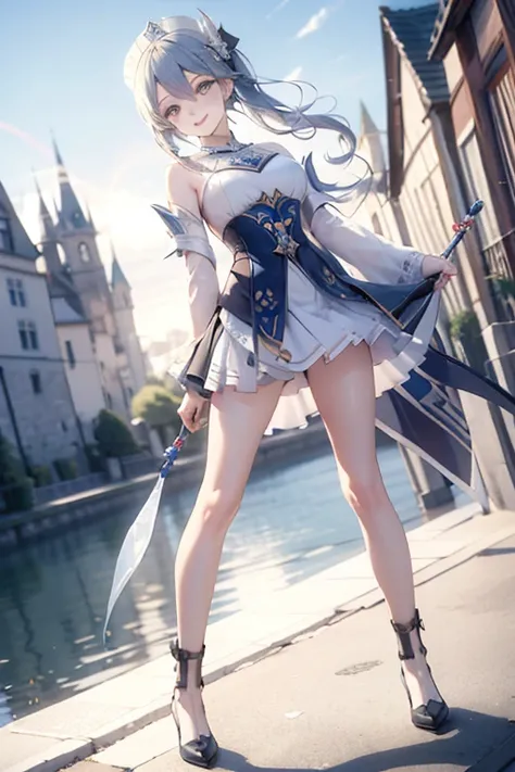 1girl,jean (genshin impact),genshin impact,

portrait,  dutch angle,full body
Orange uniform with light blue miniskirt,white nunchaku in the hand,

medieval castle, village,river, boat
lens flare,diffraction spikes, vapor,
blurry background,  depth of fiel...