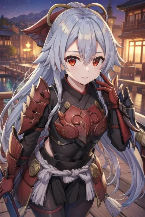 Masterpiece, best quality, tomoe gozen, torino style, 1person, red eyes, cute smile, hair between eyes, silver hair, looking at viewer, odogaron armor