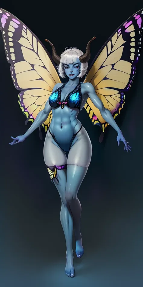 1sologirl (((oni very blue skin, 2sheep short curled  horns, 2legs, 2arms, toned body, white bob hair, happy, full body portrait, butterfly wings winged))) (masterpiece, ultra detailed high quality, high resolution, best quality) barefoot bare arms, purple...