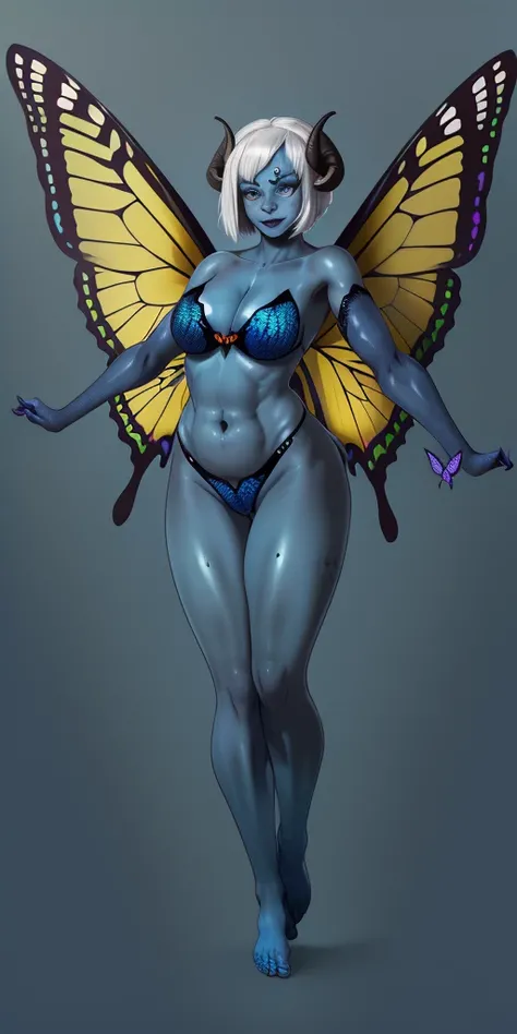 1sologirl (((oni very blue skin, 2sheep short curled  horns, 2legs, 2arms, toned body, white bob hair, happy, full body portrait, butterfly wings winged))) (masterpiece, ultra detailed high quality, high resolution, best quality) barefoot bare arms, purple...