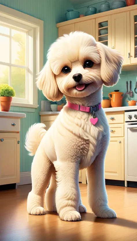 Create a Pixar-style illustration featuring the female mixed-breed dog protagonist, Bella, standing in a bright and inviting kitchen. Bella, a blend of Maltese and Toy Poodle, has cream-colored fur, and her tail wags with excitement.