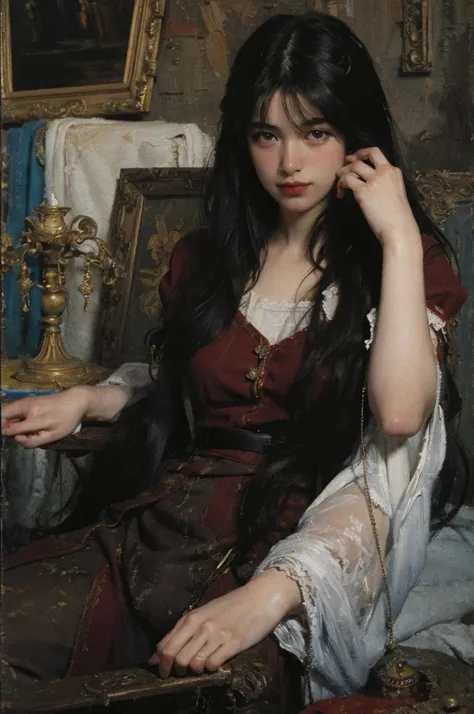 (Oil painting: 1.5),



A woman with long black hair, (a detailed painting: 0.353), (Gothic art: 0.106)