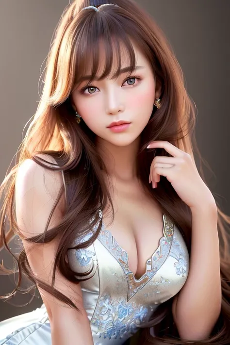 ((highest quality)), ((masterpiece)), (detailed), whole body、wallpaper、Perfect Face、Perfect body、Light brown hair、Beautiful Skin、Russian beauty、(masterpiece:1.3), (8k, Photorealistic, Raw photo, Best image quality: 1.4), (Rough long hairstyle:1.2)、Cleavage...