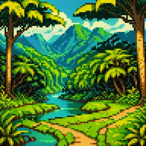 a jungle path with a big river at the end of it