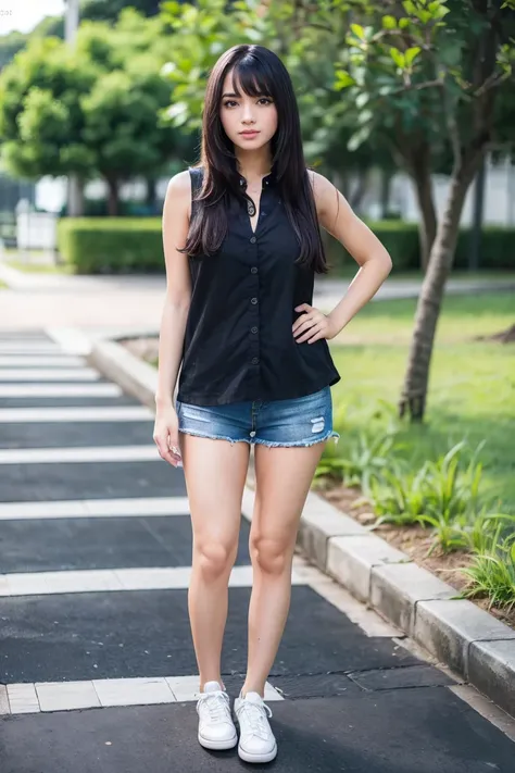 masterpiece, detailed image, highly detailed, 1girl, black_wavy_hair, long_hair, bangs, sleeveless_shirt , shorts, sneakers, sea