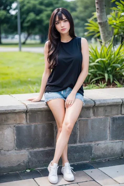 masterpiece, detailed image, highly detailed, 1girl, black_wavy_hair, long_hair, bangs, sleeveless_shirt , shorts, sneakers, sea