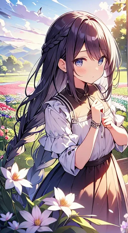 masutepiece, Best Quality,Illustration, Wallpaper, Ultra Detail, Absurd beauty、1 beautiful girl、 (Semi-long hair、short braided hair), Beautiful ultra-detailed eyes , Hair fluttering in the wind、Keep your head small、flower  field、great outdoors、Scenery of a...