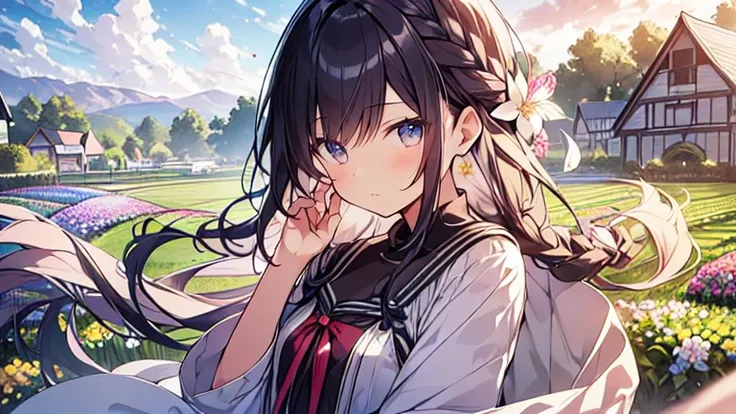 masutepiece, Best Quality,Illustration, Wallpaper, Ultra Detail, Absurd beauty、1 beautiful girl、 (Semi-long hair、short braided hair), Beautiful ultra-detailed eyes , Hair fluttering in the wind、Keep your head small、flower  field、great outdoors、Scenery of a...