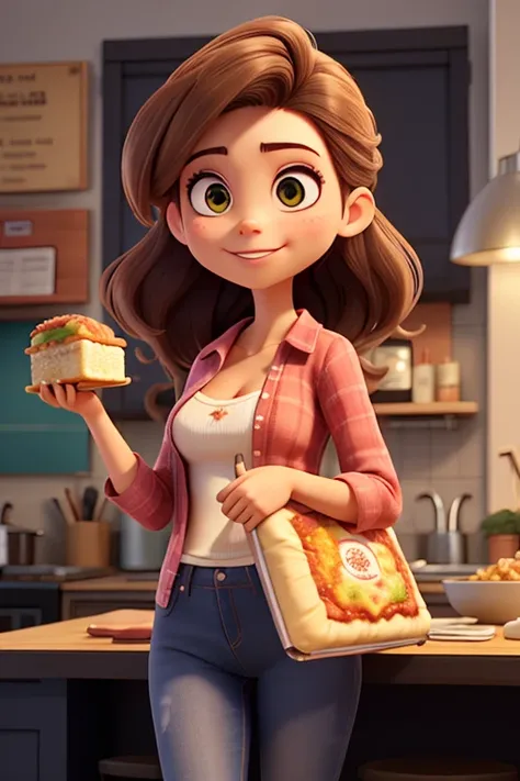 uma mulher jovem sozinha, com o cabelo preso, holding a tasty lasagna in one hand