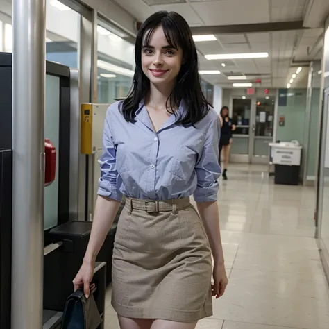 Krysten Ritter dressed as an independent researcher and smiling