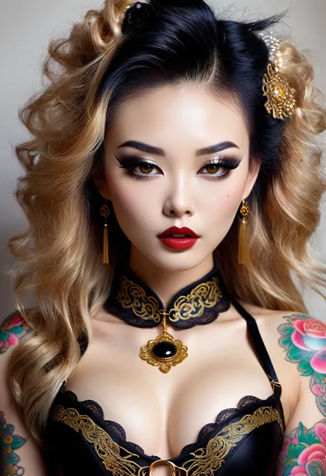 Create a photo realistic hyper realistic heavily tattooed chinese, perfect face, thin curved natural eyebrows, long luscious eyelashes, black eyeliner, black eye shadow, curved lips, bright lipstick, long luscious natural hair, black lace choker collar, go...