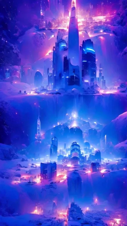 A beautiful futuristic city,(( in a snow landscape)), ice storm, futuristic fortress, luminous glyphs, 4k , uhd, insane details, white and blue