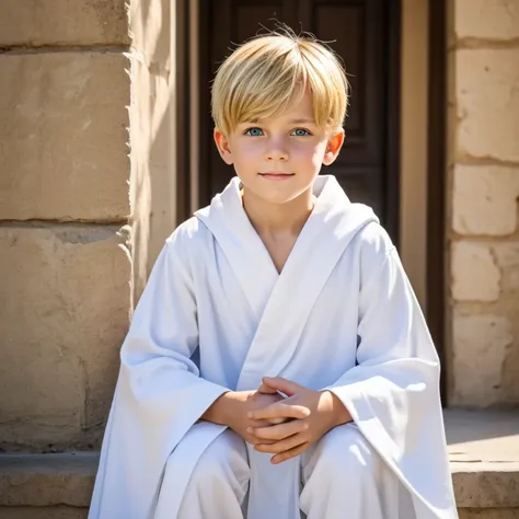 ten year old kid with bright blonde hair and green eyes in white robes