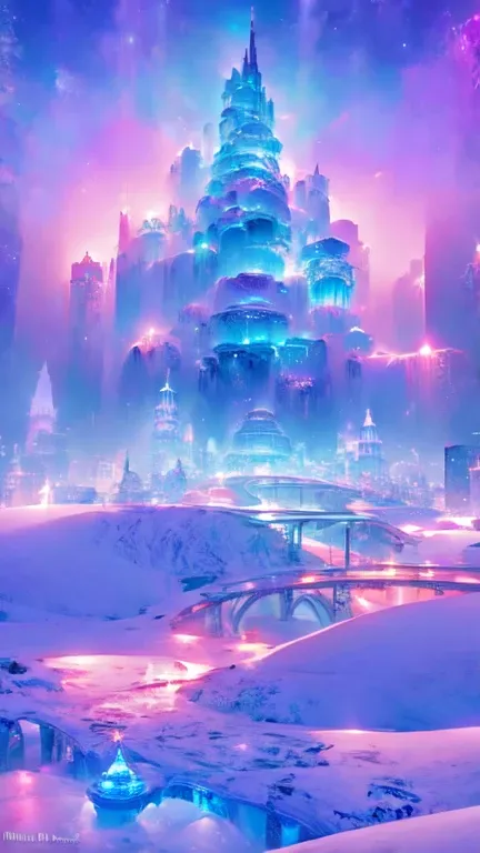 a beautiful futuristic city,(( in a snow landscape)), ice storm, futuristic fortress, luminous glyphs, 4k , uhd, insane details,...