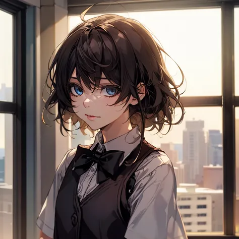 1girl, matured female, vest, bow, best quality, hires, detailed face, office, buildings from window, detailed background, diffus...