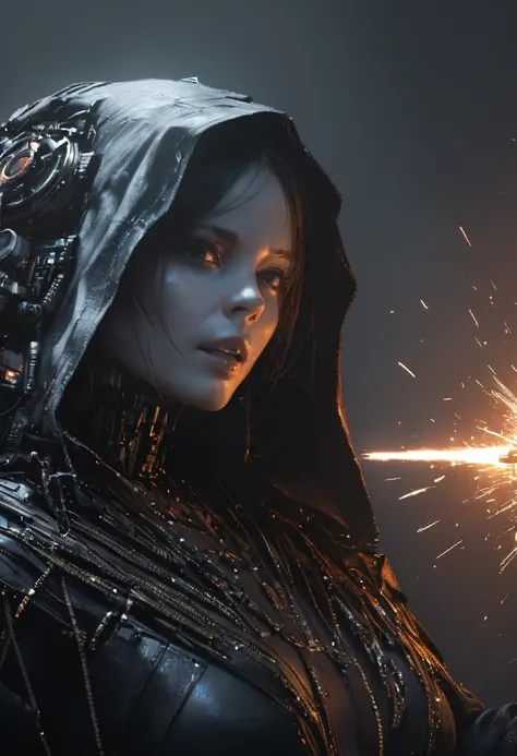 Scary cloaked female ghost with lifeless eyes, white pale skin, black background, close-up, horror, dark and haunting, hyperrealism, ultra-detailed, 8k, sharp focus, emitting diodes, smoke, artillery, sparks, racks, system unit, motherboard, by pascal blan...