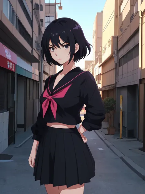 (perfect composition), (high resolution, masterpiece, ultra best quality, ultra HD, 4k,HD, high detailed ),anime character Sukeban delinquent girl  standing on a city street corner in black seifuku with black very long skirt, anime style. 8k, anime style m...