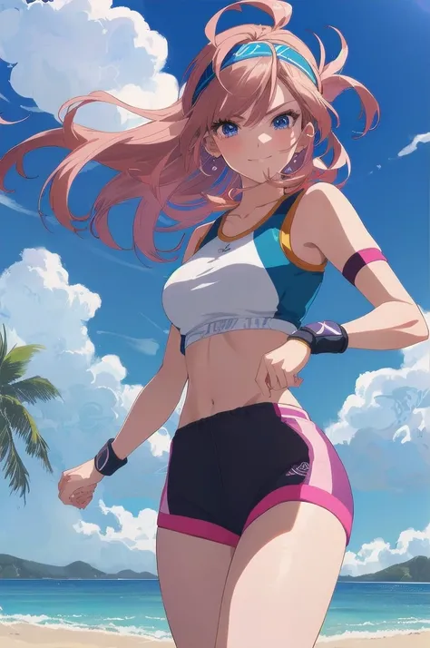 safe for work,(perfect composition),imagined a girl in extreme sport outfit playing to a flying disc game in a beach arena game sport, masterpiece, ultra-detailed, 80s anime (style), 2D, megapixel, perfectionism, full HD , 4K, (windjammers), windjammers sp...