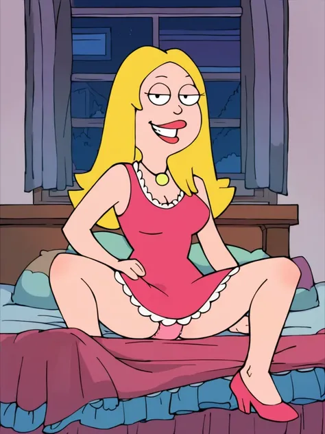 score_9_up,score_8_up,score_6,score_5,score_4, francine, blonde hair, 1girl, long hair, white braclet, breasts, solo, necklace, cleavage, dress, pink dress,looking at viewer, hand on own hip, teeth, indoors, bedroom, lies on bed, spread legs, lace pink pan...