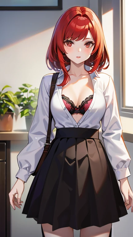 anime girl with red hair wearing a skirt and an open shirt revealing a black bra