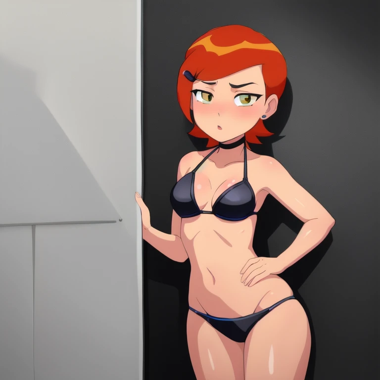 claasicgwen trapped in a bikini in the technological cell with lights, black wall without window