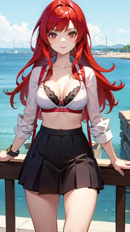 anime girl with red hair wearing a skirt and an open shirt revealing a black bra