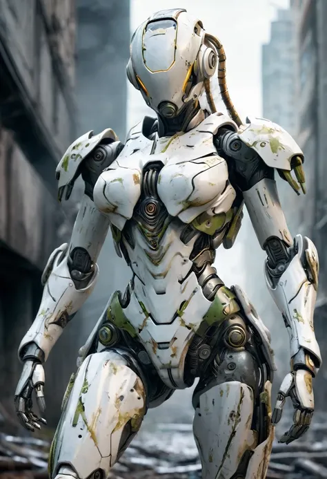 ((masterpiece, highest quality, Highest image quality, High resolution, photorealistic, Raw photo, 8K)), Abandoned robot soldier on battlefield, broken and immobile, rust and moss showing passage of time, female cyborg body, Blonde, female body, biomechani...