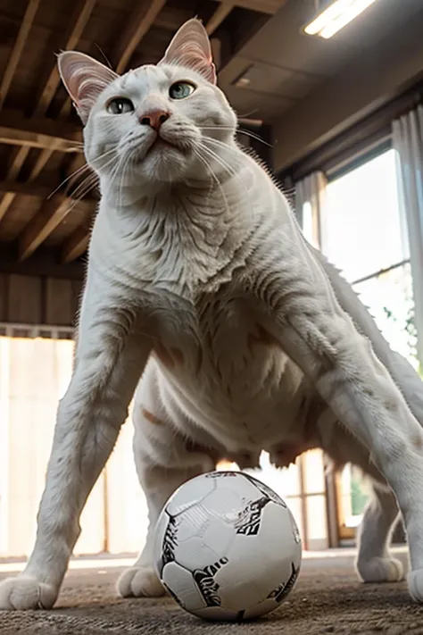 white cat playing soccer ball, cinematic lighting, depth of field, chiaroscuro, from below, UHD, super detail, anatomically correct, 4K