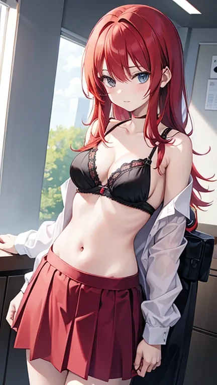 anime girl with red hair wearing a skirt and an open shirt revealing a black bra