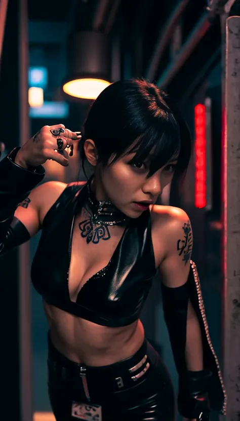 highest quality，masterpiece，Very detailed，8k, Ultra-high resolution，Beautiful woman，Japanese women，Expressionless，(topless)，whole body，((tattoo))，slim，Black Leather Pants，Black Leather Vest，(Female Mafia)，gang，(Cyberpunk City)，night，Cinematic lighting，Movi...