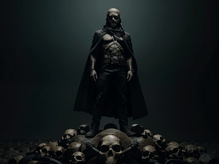 create an image of a single man standing on a pile of skull, looking at the camera, front angle, with a pile of skulls under the man, 4k, hyper-realistic, with close-up view, with intricate dathes, cinematic rendering , unreal engine, cinematic lighting.