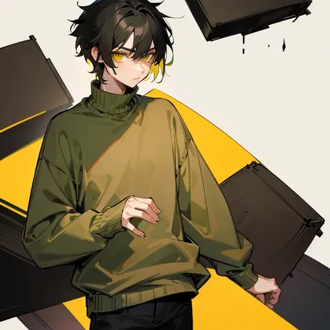 medium short black hair, green yellow eyes, brown sweater skinny emo soft boy