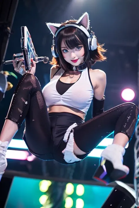 Cat ear，Climb up and entertain the crowd，Captivating eye detail，Cropped shoulders，Huge boobs，The skin is wet，outside，Tifa Mecha full of holes
，Fuchsia Hair，Silver headphones included，blue eyes，Red lips are attractive，Upper body，White shirt，Cropped shoulder...