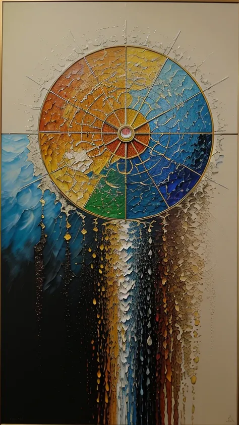 Masterpiece, oil painting, the wheel of the four elements of earth, water, wind, and fire, painting techniques focusing on details, semi-abstract images, color weight of paintings, uniqueness of images, unity of images, perfection. 