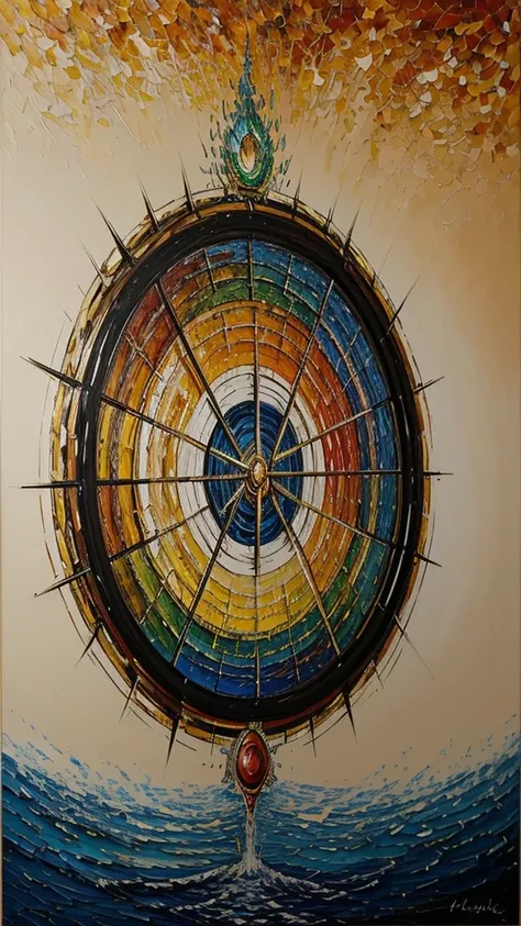 Masterpiece, oil painting, the wheel of the four elements of earth, water, wind, and fire, painting techniques focusing on details, semi-abstract images, color weight of paintings, uniqueness of images, unity of images, perfection. 