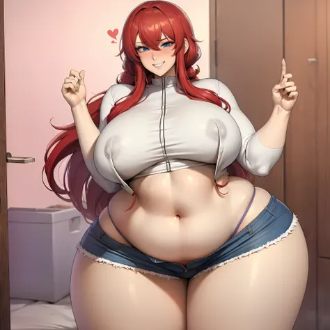 Your beautiful gorgeous sexy curvy tomboy girlfriend wearing a crop top and booty shorts,solo, blushing, grinning, accidentally cute pose, she knows you’re trying to make her fatter, she loves you, heavy chubby belly, wide hips, massive round heavy breasts...