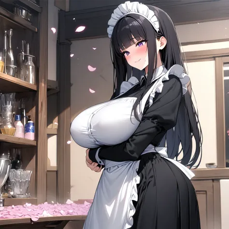 (masterpiece, highest quality, Absurd), One Woman,mature,Mature,Age 25,Black Hair, Straight long hair, Blunt bangs, Big Breasts, Tight waist, Purple eyes, petal, Blue tanned skin, indoor, Gunsmith,Assault rifle,Maid,Black Long Skirt,Maid headdress, Maid ap...