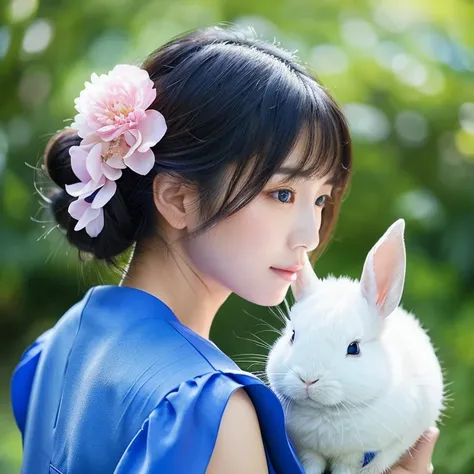 Japanese woman wearing a blue Chinese dress、Black hair chignon、Delicate face、Beauty、Carrying a rabbit on his shoulder