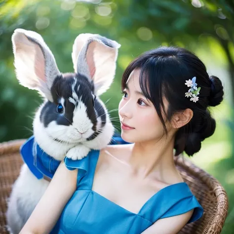 Japanese woman wearing a blue Chinese dress、Black hair chignon、Delicate face、Beauty、Carrying a rabbit on his shoulder