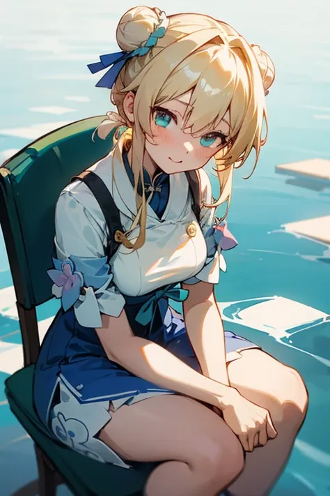 Front facing white, girl, sitting on a chair, blonde hair tied two buns,pretty, anime, beautiful green eyes, March 7th camera postion in front,wearing blue Qipao dress, water around her