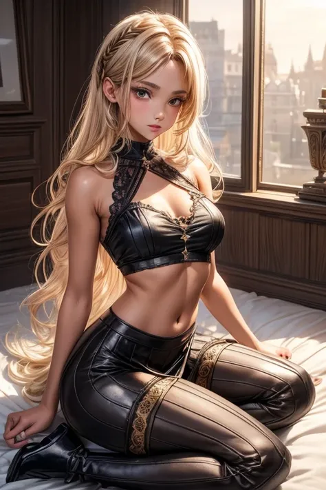 8K UHD, Digital SLR, Soft lighting, High quality, ((best quality)) ((best quality)), ((masterpiece)), (detailed), 4k image, anime style, fair caramel brown skin, African looking facial features, sexy halter neck crop shirt, long frilly skirt, full hold-up ...