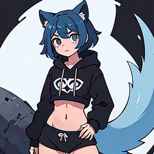 catgirl with blue/light blue/red/green hair, long fluffy tail, black crop top or oversized hoodie, black panties or a black oversized hoodie