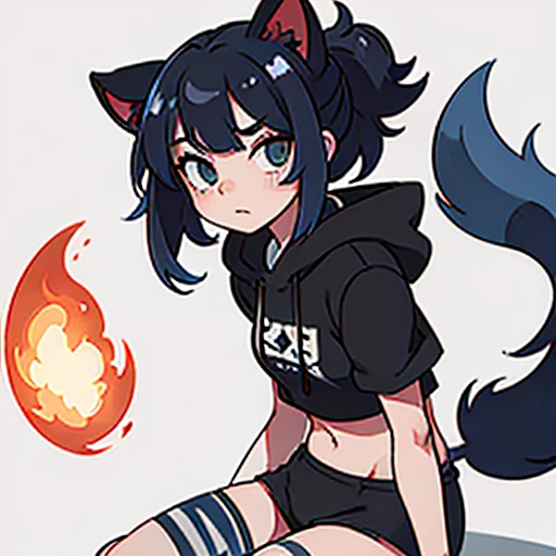 catgirl with blue/light blue/red/green hair, long fluffy tail, black crop top or oversized hoodie, black panties or a black oversized hoodie