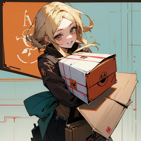 Blonde girl anime postman, holding a brown box in her arms, smiling face, cyberpunk